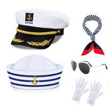 Conjunto de disfraz, conjunto de sombreros, combinación de sombreros, atuendo de cosplay, gorra de marina, gorra blanca, gorra militar retro de tapa plana, gorra de marinero capitán de marina, a rayas azul y blanco, gorra de capitán, gorra de marinero, bufanda, gafas, guantes, conjunto, tapa redonda, atuendo de yate, fiesta, Halloween, Día de San Valentín, regalo, verano, atuendo de fiesta, versátil, atuendo sexy, suministros de fiesta, accesorios de disfraz