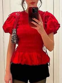 Women's Solid Color Elegant Short Puff Sleeve Tops Round Neck Shirred Tie-Up Bow Peplum Summer Blouse