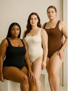 Kit 3 Women's Bodysuits Bory Thick Strap Closed Back Chic Basic Work Day Night Party Barbecue Christmas Gift Birthday - 加大尺寸 - P/B/M - 查看 1