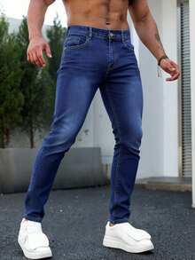 Jeans skinny para hombre en denim azul, ajustados y modernos, ideal para estilos casuales - Azul lavado oscuro - Ver 3