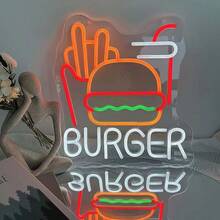 1pc LED Neon Sign Burger & Fries, Wall Art Decor, USB Powered Fast Food Neon Light, Suitable For Home, Restaurant, Bar, Man Cave Decoration, Plastic