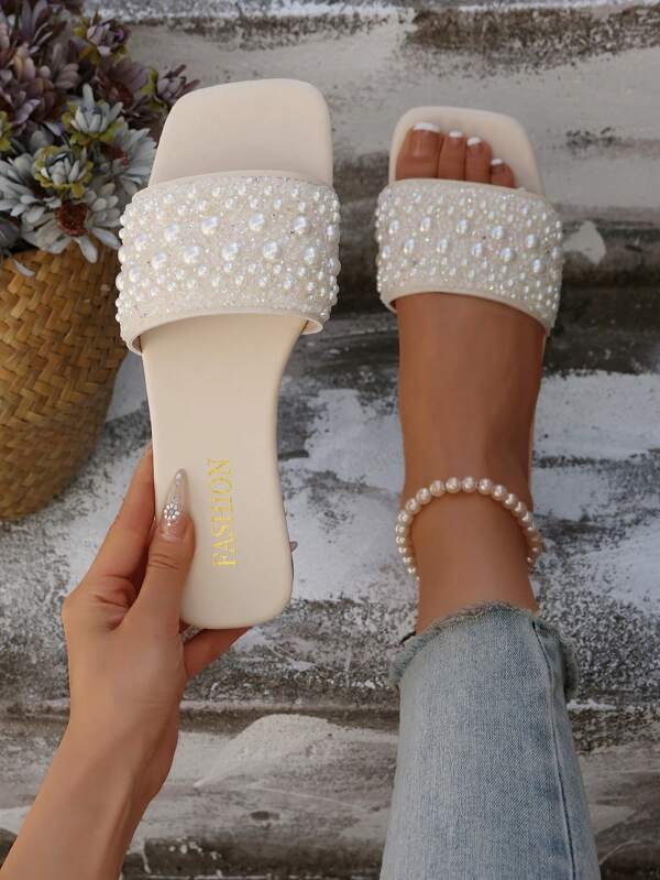 New Fashion Plus Size Luxury Non-Slip Square Toe Mule Rhinestone & Pearl Decor Vacation Beach Slides Sandals For Women