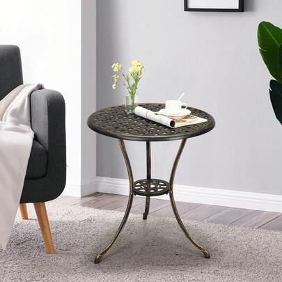 Terrassen Bistrotisch, 60 cm runder Couchtisch für den Außenbereich mit 5 cm Loch für Schirme, Bistrotisch für den Außenbereich aus Aluminiumguss mit Eisenrahmen für Balkon, Hinterhof, Rasen und Garten