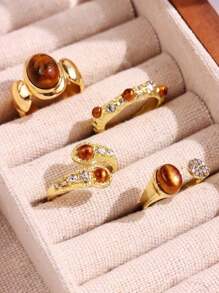 Set de 4 anillos con piedras preciosas simuladas de ojo de tigre de diseño de nicho, minimalista y versátil, un elegante regalo de joyería para mujeres