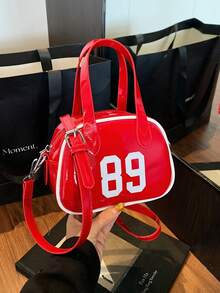 时尚新款女士手提保龄球包，简约别致的数字印花纯色 PU 涂层，带有金属装饰，底部铆钉装饰，双拉链开口，轻巧宽敞，适合旅行、购物、约会