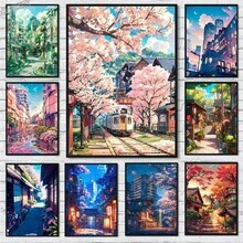 1幅日式街景樱花建筑帆布海报，适合现代客厅家居装饰，秋季风格 - 彩色 - 查看 1