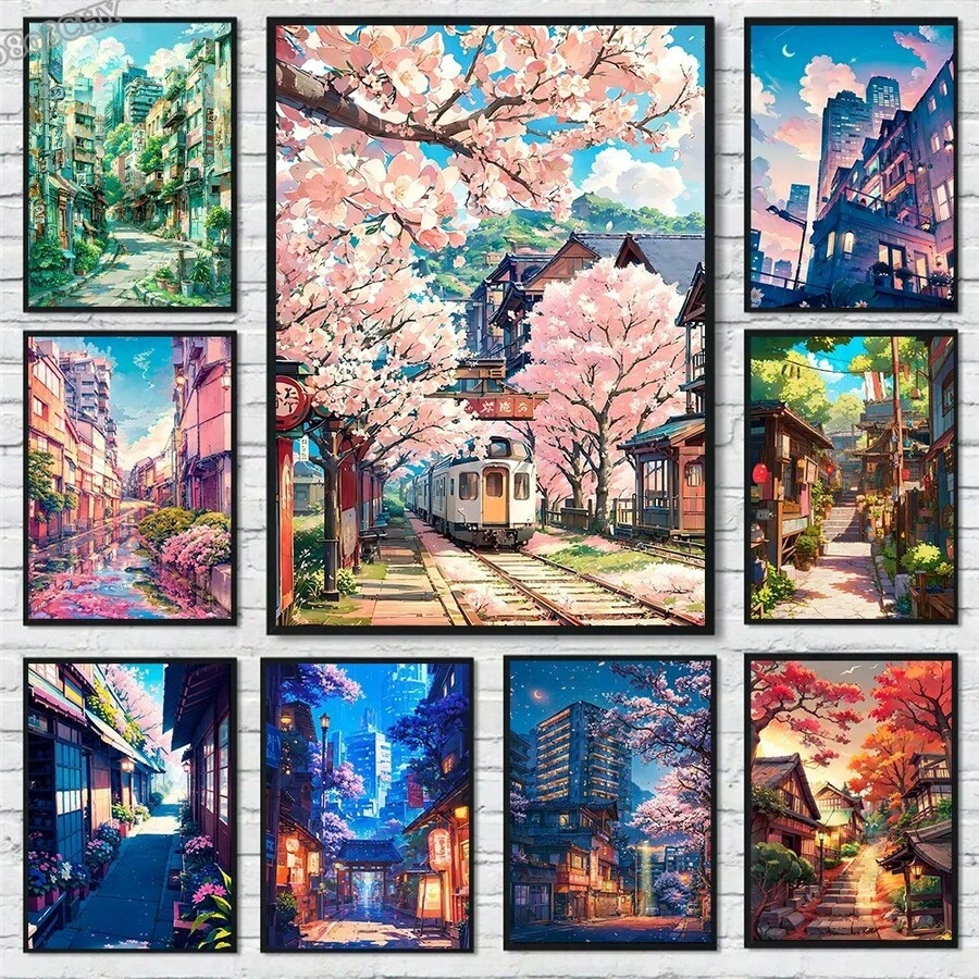 1幅日式街景樱花建筑帆布海报,适合现代客厅家居装饰,秋季风格 - 彩色 - 查看 1