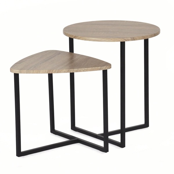 Meubles Cosy Set aus 2 runden und dreieckigen Couchtischen für das Wohnzimmer, Nachttisch im Retro-Industriestil, Metallgestell und MDF-Platte mit Eichenmaserung. Ideal für Schlafzimmer, Wohnzimmer oder Entspannungsbereich. Maße: 42 x 37 x 40 cm / 45 x 45 x 51 cm.