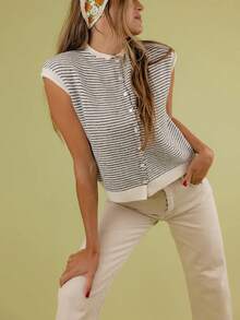 Women Short Rolle Sleeve Basic Knitted T-Shirt Casual Button Up Knit Vest Tops - Multicolor - View 5