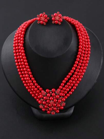 Juego de 3 piezas de collar, pendientes y joyas con flores y perlas falsas para bodas, cena y accesorios nupciales