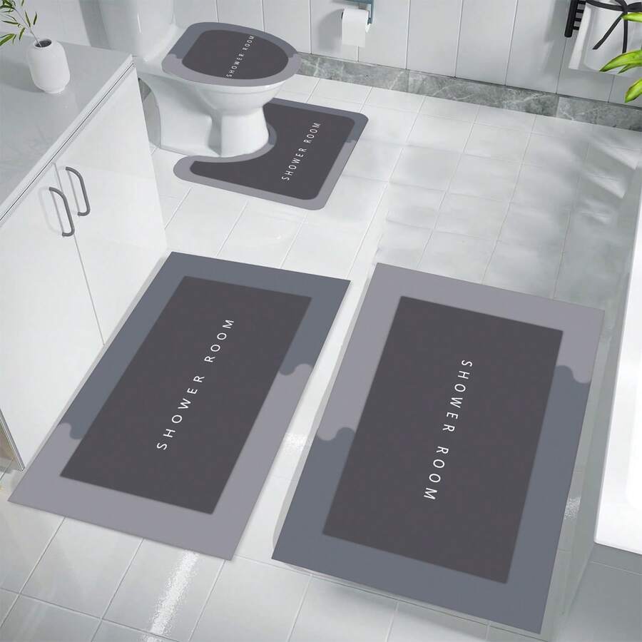 4-Piece Non-Slip Absorbent Microfiber Bathroom Rug Set, Super Soft Quick-Dry Bath Mats With U-Shaped Toilet Rug, Contour Mat, Minimalist "SHOWER ROOM" Design, Machine Washable, Home Hotel Dorm Bathroom Decor - Grey - View 1