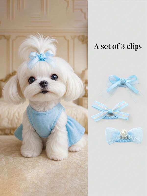 3pcs Pet Dog/Cat Accessories Set, Casual And Fashionable Outfits And Hair Clips For Small Dogs And Puppies, Teddy, Pomeranian, Suitable For Countryside Style - Blue