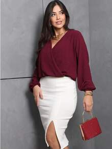 Wrap Blouse Dune Fabric New Women's Fashion! Simple Wool Crossed Daily Women's T-Shirts - 酒紅色 - 查看 2