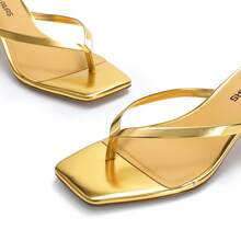 Women Comfortable Kitten Heel Thong Heeled Sandals Fashion Square Open Toe Slip On Casual Slides For Wedding Party Autumn Daily Wearing