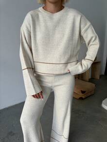 Women Casual Heart Pattern Round Neck Long Sleeve Pullover Top And Long Pants Set, Embroidery Design - Beige - View 3