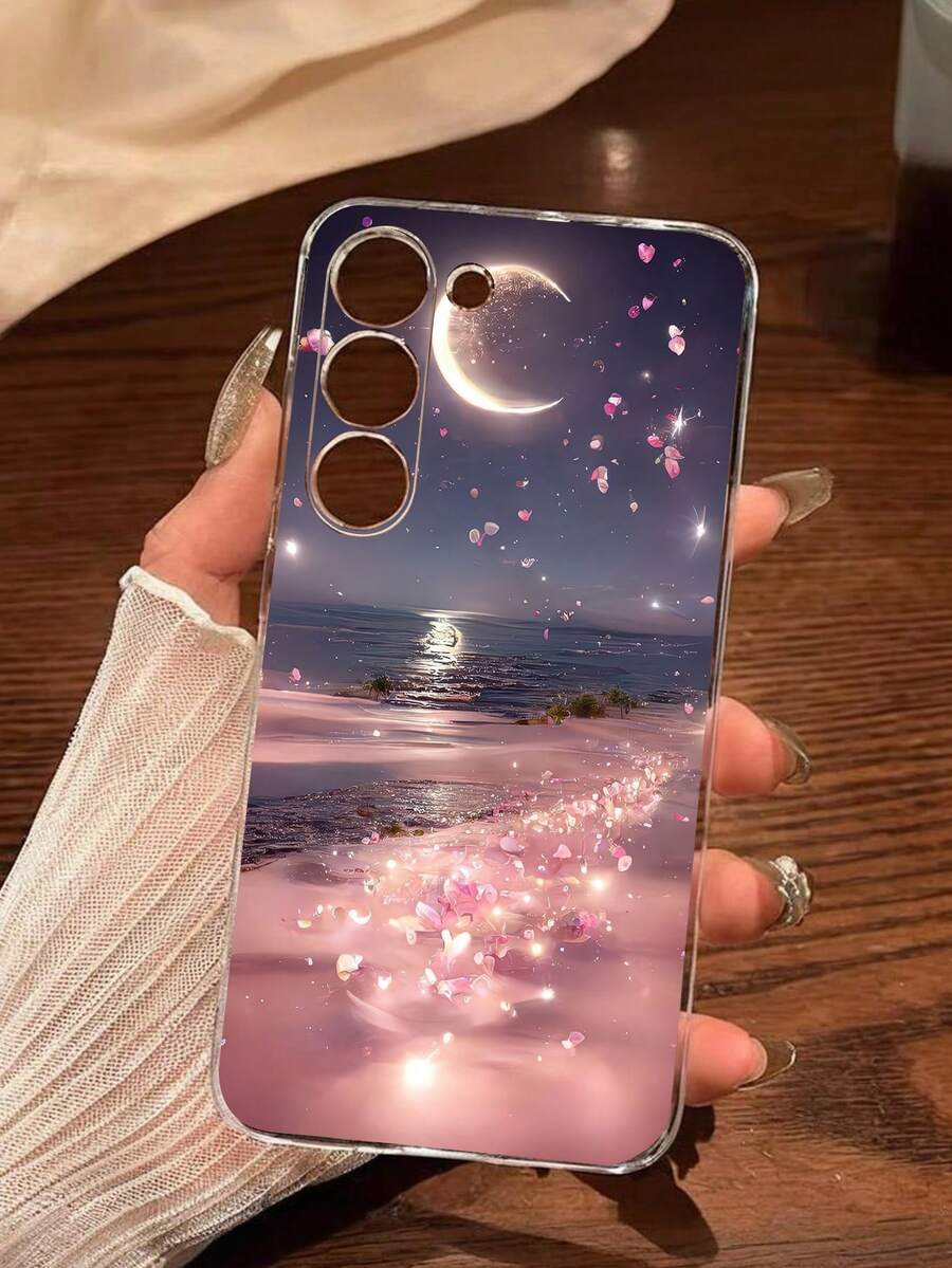 1 chiếc ốp lưng điện thoại trong suốt mềm mại họa tiết bãi biển và trăng hồng, tương thích với Samsung Galaxy A04e/12/A13/A14/A34/A50/A52/A53/A54/S21/S22/S23/S24/S25/S25Ultra - Trong sáng - Xem 1
