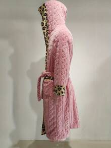 1pc Hooded Robe, Leopard Trim, Fluffy & Soft Bathrobe For Bathroom, Bedroom, Living Room, Pool, All Seasons - White - View 9