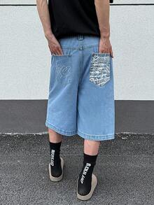 GlobeSwift Men's Embroidered Graphic Print Denim Shorts