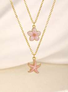 2pcs/Set Delicate & Fashionable Sweet 5-Petal Flower & Starfish Pendant Necklace, Suitable For Girls Wear To Beach, Party, Travel, Daily Occasions In Summer - Multicolor - View 1