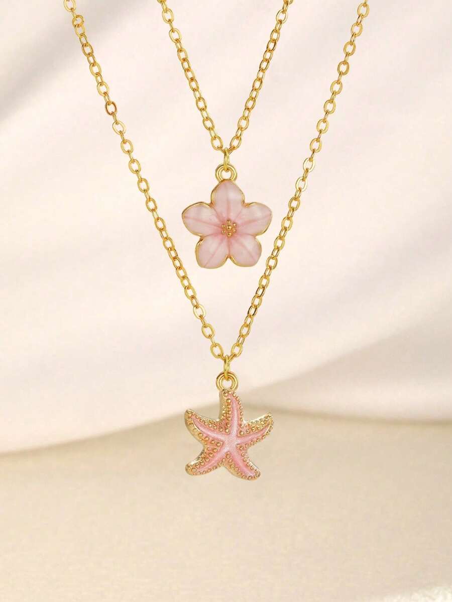 2pcs/Set Delicate & Fashionable Sweet 5-Petal Flower & Starfish Pendant Necklace, Suitable For Girls Wear To Beach, Party, Travel, Daily Occasions In Summer - Multicolor - View 1