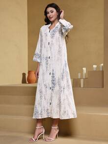 Solessence 刺绣优雅长袍，V领七分袖，时尚阿巴雅，2026年沙特国庆节最新款，白色 - 白色 - 查看 11