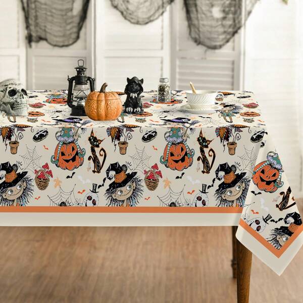 1 Peça Toalha de Mesa com Tema de Halloween - Apresentando Menina Pequena, Bruxa, Abóboras e Vários Elementos de Terror, Toalha de Mesa Retangular Durável de Poliéster, Adequada para Festas de Terror, Decoração de Cozinha e Sala de Jantar, Decoração de Halloween, Definição de Mesa de Jantar em Feriados