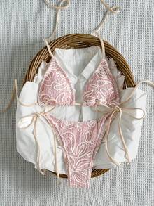 Bikinx 女士不对称条纹系带比基尼套装，时尚夏季度假沙滩粉色 - 粉色 - 查看 2