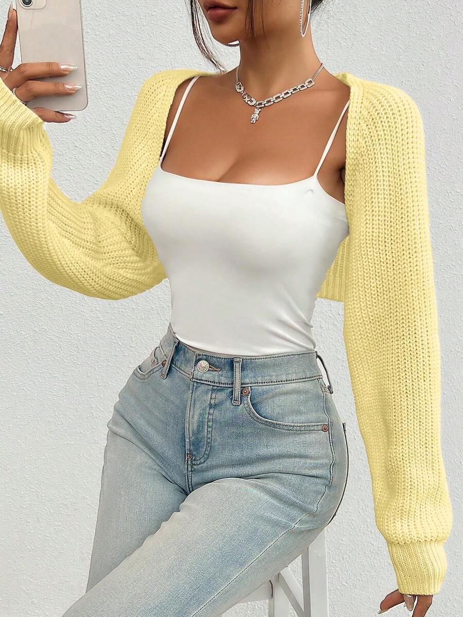 Áo khoác cardigan ngắn dệt kim gân tay raglan trơn màu dành cho nữ - Màu vàng - Xem 1