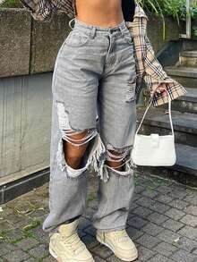 复古休闲中腰镂空做旧毛边斜插口袋直筒牛仔裤 - 灰色 - 查看 3