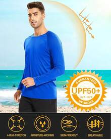 Men's Long Sleeve Shirts UPF 50+ UV Sun Protection Athletic Shirts For Hiking Running Workout Rash Guard-2025 - Bright Blue - View 5