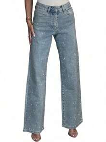 Women's Rhinestone Jeans High Waist Sright Leg Baggy Y2K Sparkly Vintage Wash Trousers Denim Pants - 藍色 - 查看 4