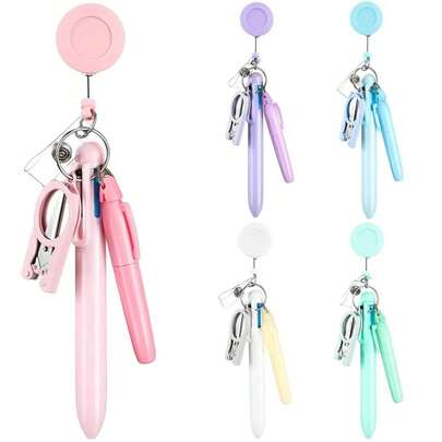 1 Pc Macaron Nurse Pen Set With Extendable Scroll, Easy To Retract Buckle, And Badge Holder - Includes 5 Colored Pens, Pen Refills, And Pen Cases - Made Of Durable Plastic Material, Suitable For Teachers, Doctors, Nurses, Offices, Schools, Or Promotional Purposes, School Supplies, Back To School