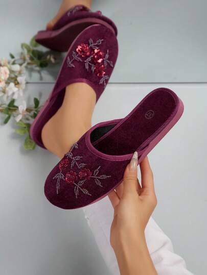 1 双女士手工串珠花卉复古圆头拖鞋，舒适轻便的室内拖鞋，有黑色、粉色和其他颜色可选，加大码