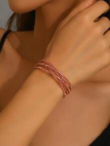 1pc Women's Fashionable Multi-Layer Crossed Open Cuff Bracelet With Rhinestones, Suitable For Daily Wear - Pink 078 - View 1