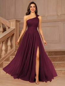 MOEVIO 女士不对称单肩交叉领口薄纱露背A字型正式长款伴娘婚礼宾客活动礼服，适合夏季情人节生日礼服、秋季女装、返校节生日女士服装 - 酒紅色 - 查看 6