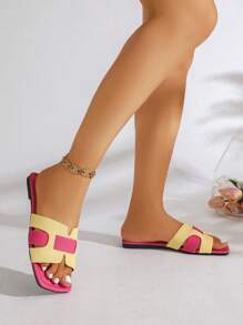 [AFBC-Gem] Women's Flat Sandals, Pink & Yellow H-Strap Slippers, Spring/Summer New Beach Sandals For Party, Birthday, Easter Gift, Low Heel Open Toe Colorblock Slides, Versatile Fashion Slippers