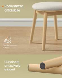 Sgabello per Toeletta, Sgabello Trucco, Sgabello con Gambe in Legno, Poggiapiedi Rotondo, Cuscinetti Antiscivolo, Camera da Letto, Bianco Crema e Beige Rovere - Bianco - Visualizzare 2
