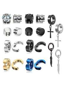 10 pares de pendientes magnéticos de acero inoxidable para hombres, pendientes de clip con diseños de cruz y pluma con circonita para mujeres