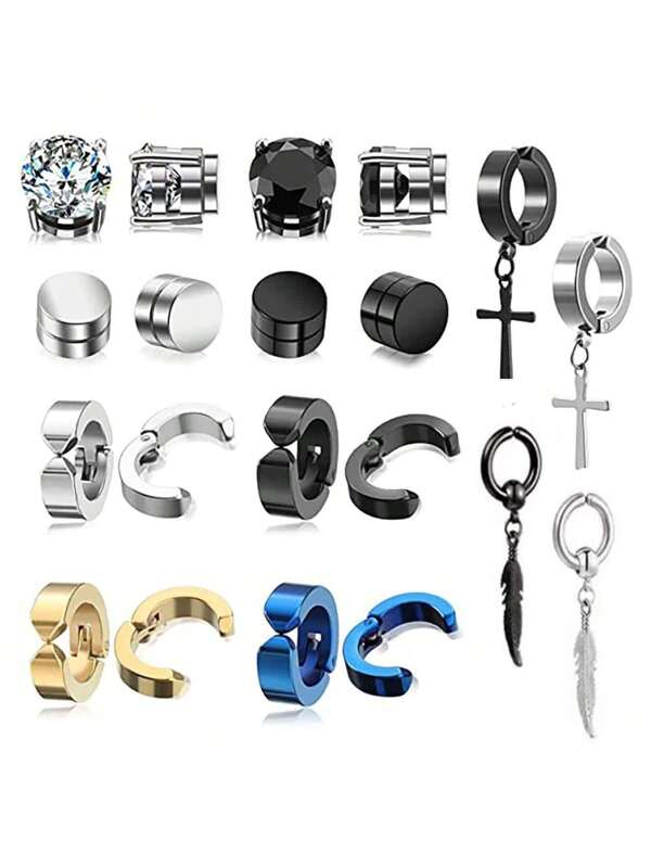 10 pares de pendientes magnéticos de acero inoxidable para hombres, pendientes de clip con diseños de cruz y pluma con circonita para mujeres