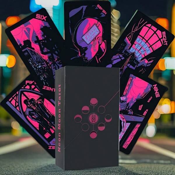 1 pieza - Juego de Cartas de Tarot de Luna de Neón - Conjunto de 78 cartas de predicción de alta calidad, adecuado para el amor, predicciones, reuniones familiares y ocio, juego de regalo portátil para Halloween/Navidad