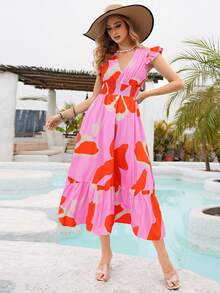 Vestido Largo Con Estampado De Flores Colocadas Para Dama, Vestido Cuello en V,Con Fruncido en Cintura, Vestido Manga de Volante,Vestido Con Ribete Fruncido - Púrpura malva - Ver 4