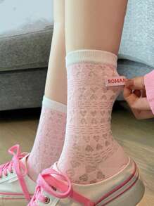 4 Pairs Women's Breathable New Dopamine Glass Silk Ice Silk Hollow Heart Net Mesh Mid-Calf Socks, Spring/Summer