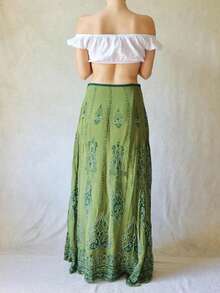 Mori Girl Style Maxi Skirt Cottage Vintage Graphic Print Long Skirt 2000s Cyber Grunge Tie Up High Waist A-Line Skirt Y2k Outfit - 綠色 - 查看 3