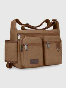 Multi-Pocket Canvas Shoulder Bag – Casual Utility Crossbody Satchel For Men, Daily Travel Organizer With Bottle Holder