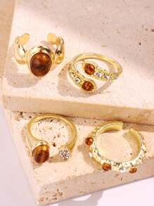 Set de 4 anillos con piedras preciosas simuladas de ojo de tigre de diseño de nicho, minimalista y versátil, un elegante regalo de joyería para mujeres