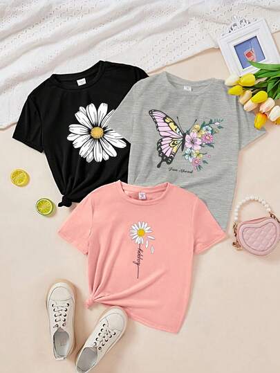 Conjunto de 3 piezas informal y minimalista para mujer con estampado de mariposa y flor, camiseta de cuello redondo, manga corta para verano