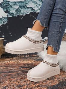Botas de neve femininas de cor sólida 2025, quentes, antiderrapantes, para atividades ao ar livre, casuais, confortáveis, estilo boêmio, botas de neve femininas casuais, elegantes e fofas para faculdade - Bege - Ver 1