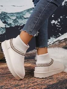 Botas de neve femininas de cor sólida 2025, quentes, antiderrapantes, para atividades ao ar livre, casuais, confortáveis, estilo boêmio, botas de neve femininas casuais, elegantes e fofas para faculdade - Bege - Ver 4
