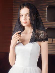 1 件女士短款单层镂空蕾丝边头巾，面纱头饰，适合婚礼、派对、摄影