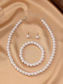 4 件套女孩时尚简约珍珠项链、手链、耳环首饰套装，适合日常、派对、约会作为礼物 - 彩色 - 查看 2